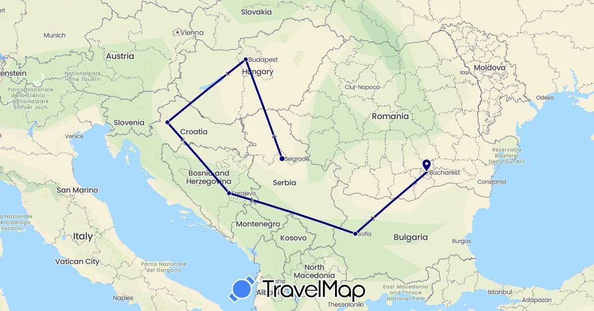 TravelMap itinerary: driving in Bosnia and Herzegovina, Bulgaria, Croatia, Hungary, Romania, Serbia (Europe)